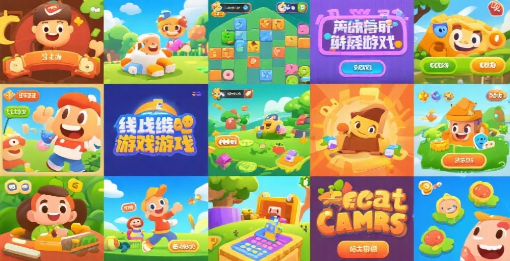 多样化的线上娱乐游戏画面拼图，涵盖休闲、策略和冒险等元素，色彩明快，氛围愉悦
