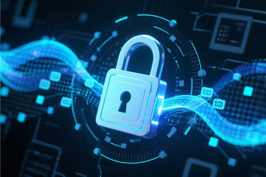 抽象风格的数字锁和数据流动,强调信息安全与网络防护的科技感