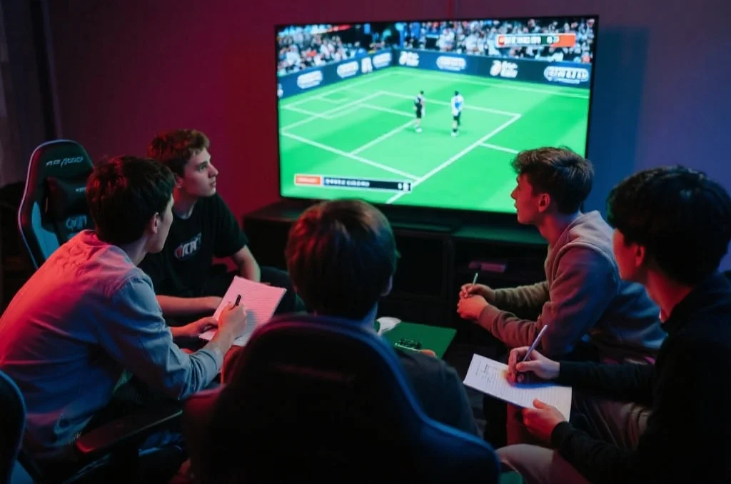 几位年轻玩家围坐在一起观看大屏幕上的比赛录像，认真讨论并做笔记，气氛专注而积极
